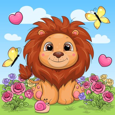 Cute cartoon lion in the rose garden. Vector illustration of an animal on a blue background with clouds, butterflies and hearts.