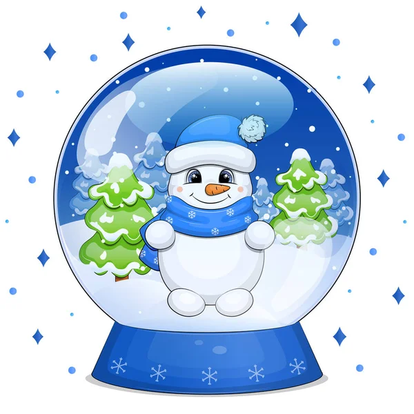 Cute Cartoon Snowball Snowman Fir Trees Christmas Vector Illustration White — Wektor stockowy