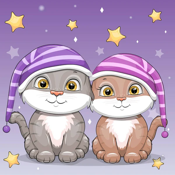 Cute Cartoon Couple Cats Striped Hats Night Pet Vector Illustration — Wektor stockowy