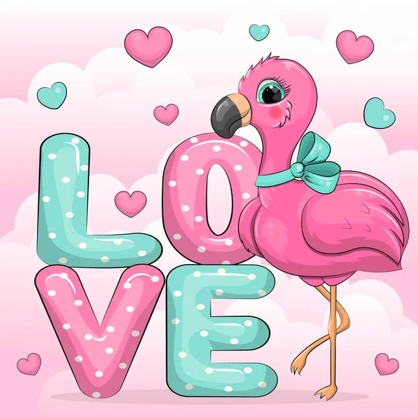 Flamingo Bonito Dos Desenhos Animados Palavra Amor Ilustração Vetorial Pássaro — Vetor de Stock