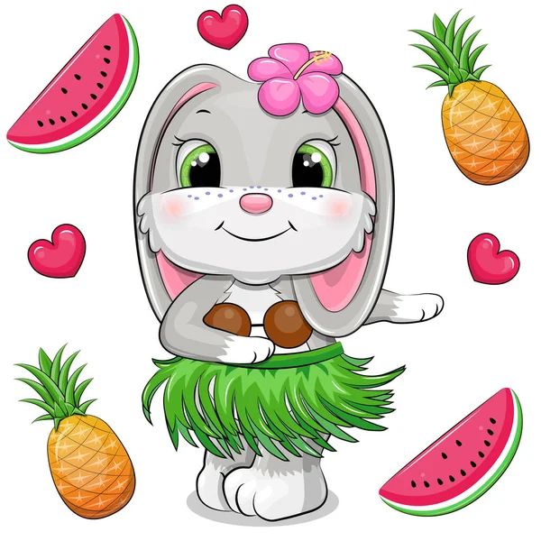 Cute Cartoon Rabbit Hawaiian Clothes Pineapple Watermelon Vector Illustration Animal — Stock Vector