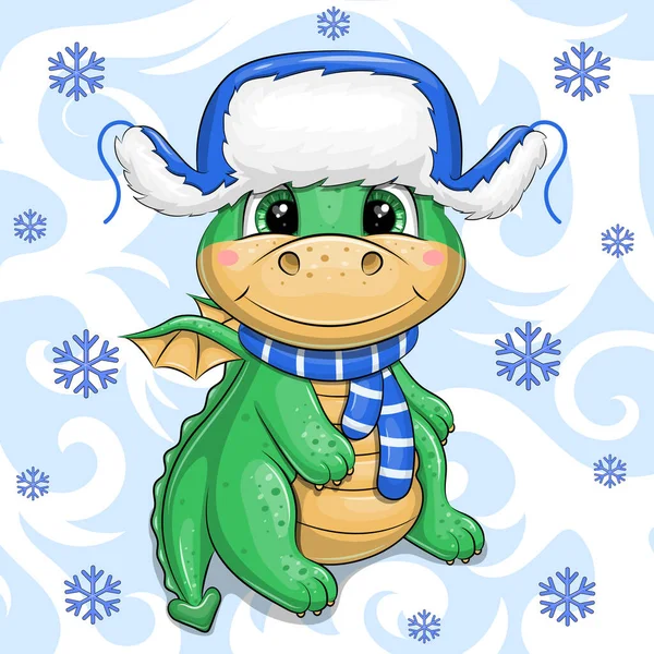 Cute Cartoon Baby Dragon Blue Winter Hat Ear Flaps Vector — Stock Vector