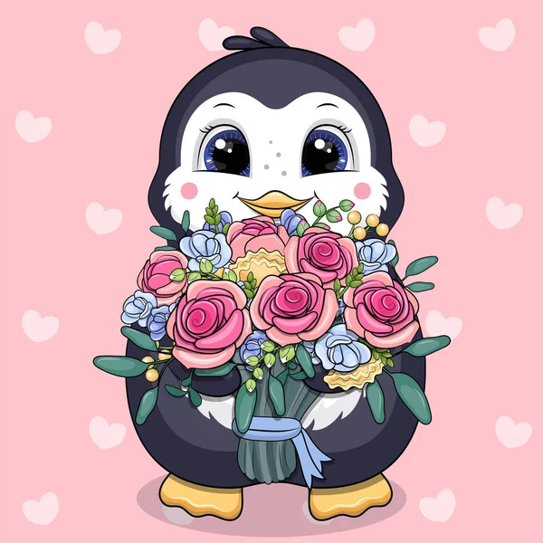 Carino Pinguino Cartone Animato Con Mazzo Fiori Illustrazione Vettoriale Animale — Vettoriale Stock