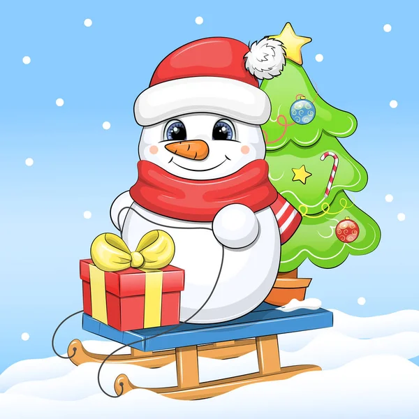 Leuke Cartoon Sneeuwpop Met Een Cadeau Een Kerstboom Een Slee — Stockvector