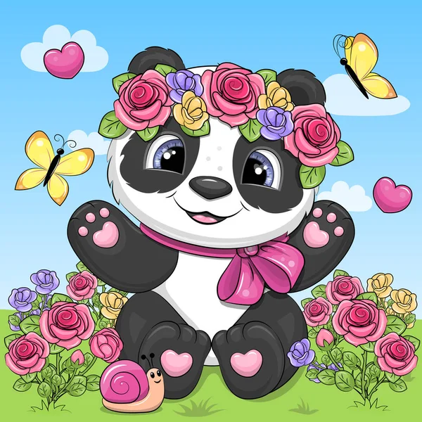 Cute Cartoon Panda Rose Garden Vector Illustration Animal Blue Background — Stock Vector