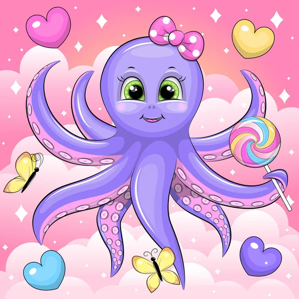 可爱的卡通章鱼与彩虹棒棒糖 有云彩的粉色背景上的动物的矢量图解 心与蝴蝶 — 图库矢量图片
