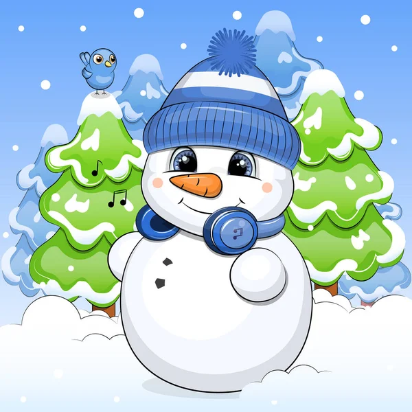 暖かい帽子とヘッドフォンでかわいい漫画の雪だるま 青い背景にモミの木や雪と冬のベクトルイラスト — ストックベクタ