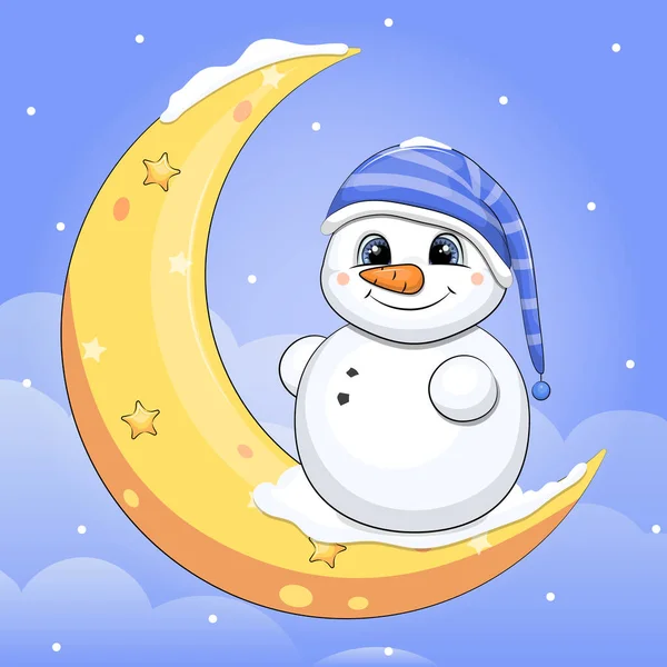 Милий Мультяшний Сніговик Нічній Шапці Стоїть Місяці Вкритому Снігом Нічна — стоковий вектор