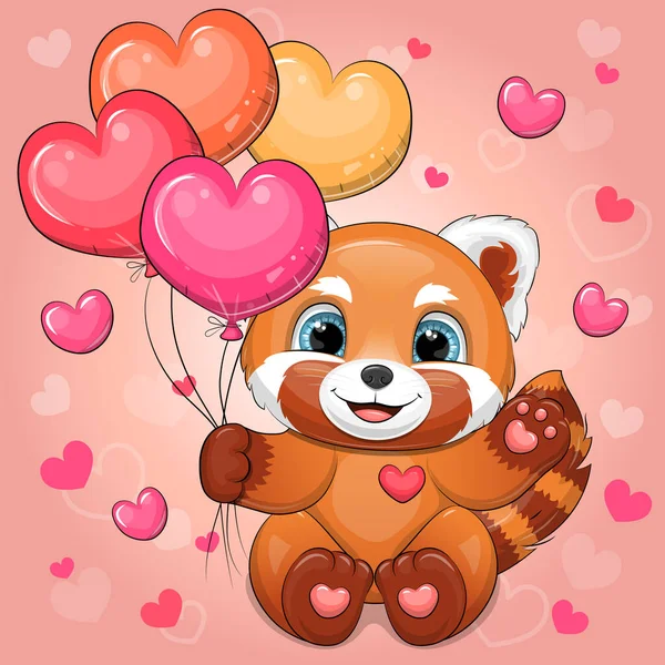 Cute Cartoon Red Panda Heart Balloons Vector Illustration Animal Pink — Stock Vector