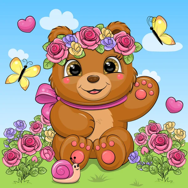 バラ園には花の花輪と弓があるかわいい漫画の茶色のクマ 自然の中で花や蝶と動物の春のベクトルイラスト — ストックベクタ