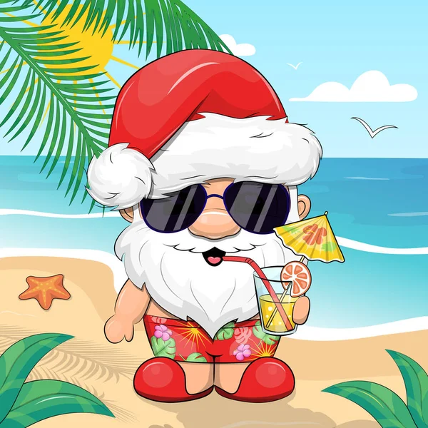 Cute Kreskówki Santa Claus Okularach Przeciwsłonecznych Hawajskich Szortach Jest Picie — Wektor stockowy