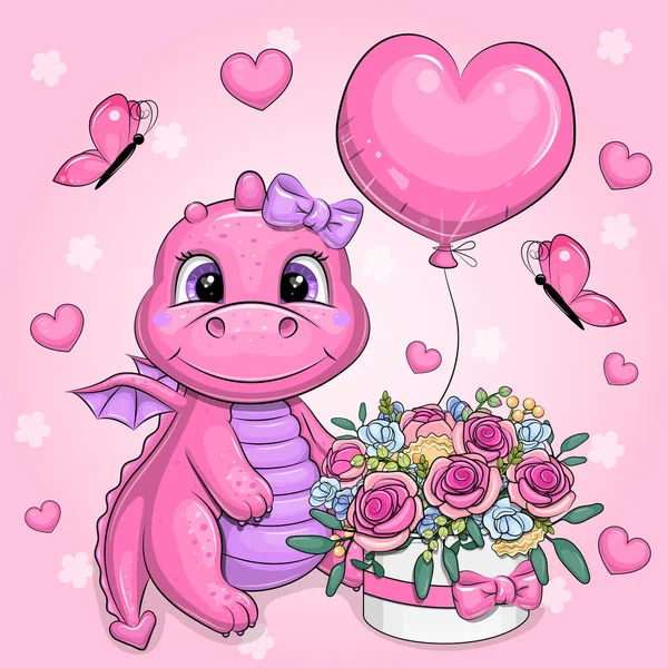 Roztomilý Kreslený Růžový Drak Květinami Balónem Vektorová Ilustrace Zvířete Růžovém — Stockový vektor