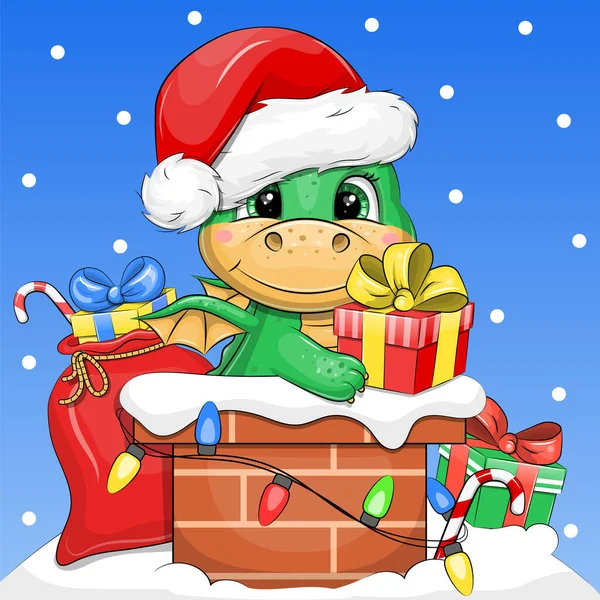 Noel Baba şapkalı şirin yeşil ejderha bir hediye tutuyor ve bacada oturuyor. Mavi arka planda kar yağışı olan bir hayvanın Noel vektörü çizimi.