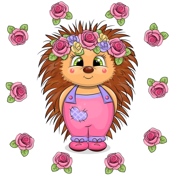 Мила Мультяшна Дівчина Їжачка Квітковим Вінком Рамці Троянд Весняні Тварини — стоковий вектор