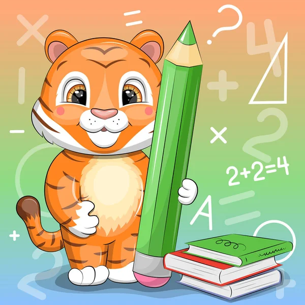 かわいい漫画のトラは大きな緑の鉛筆を持っていて 本の隣に立っています 数学記号付きのカラフルな背景の学校動物ベクトルイラスト — ストックベクタ