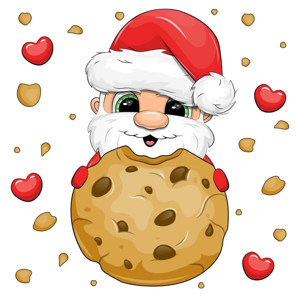 可爱的卡通片圣诞老人拿着一块带有巧克力片的饼干 在白色背景下与面包屑和心脏隔离的圣诞矢量插图 — 图库矢量图片