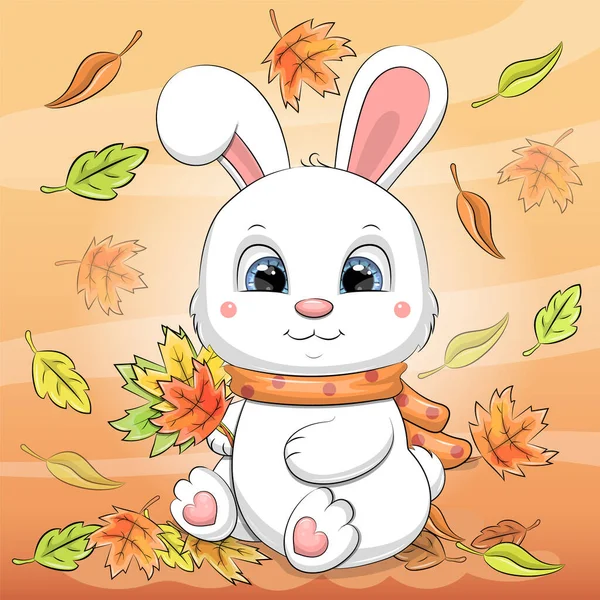 暖かいスカーフの中にかわいい漫画の白いウサギが落ちてくる葉を保持しています 葉を持つオレンジ色の背景に白い動物の秋のベクトルイラスト — ストックベクタ