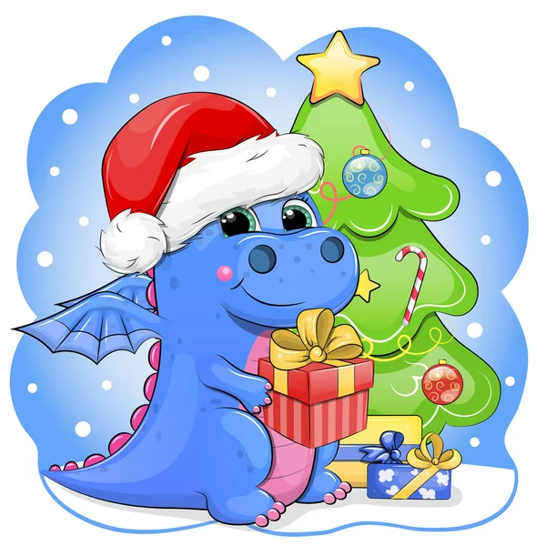 stock vector A cute cartoon blue dragon in a Santa hat holds a gift and stands next to the Christmas tree. Xmas animal vector illustration on a blue background with snow.