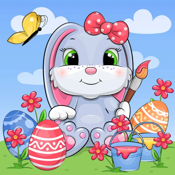 Cute Cartoon Easter Bunny Paintbrush Paints Easter Eggs Festive Vector — Stock Vector