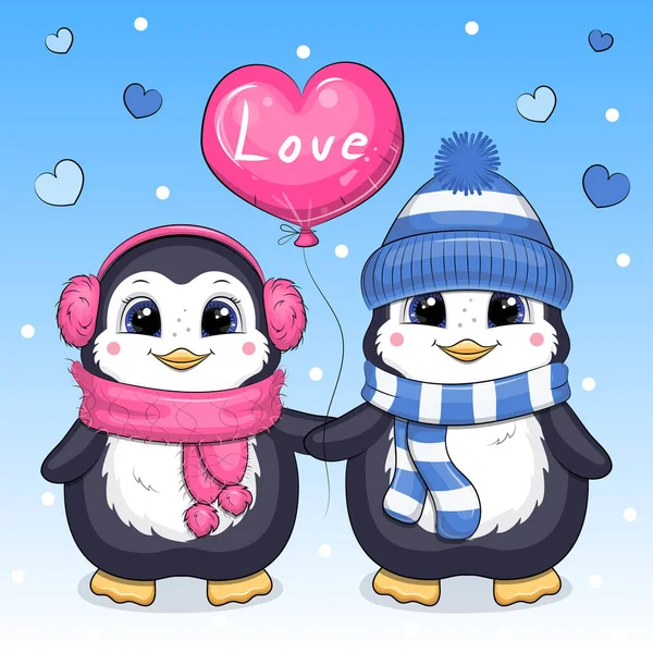 冬の帽子をかぶったペンギンのかわいい漫画のカップル スカーフや毛皮の耳飾りは という言葉でハート型の気球を開催しています 雪の青の背景に動物のベクトルイラスト — ストックベクタ