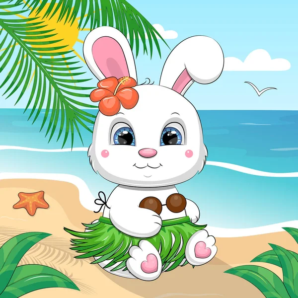 かわいい漫画ハワイの白いウサギがビーチに座っています 太陽とヤシの夏の動物ベクトルイラスト — ストックベクタ