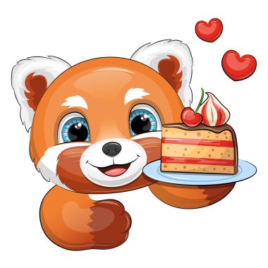 Tatlı çizgi film kırmızı panda elinde bir tabak pasta tutuyor. Beyaz arka planda bir hayvanın vektör çizimi ve iki kırmızı kalp.