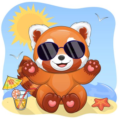 Güneş gözlüklü şirin bir çizgi film kırmızı panda deniz yıldızı ve limonata ile sahilde oturuyor. Mavi arkaplanda güneşli yaz hayvan vektörü çizimi.