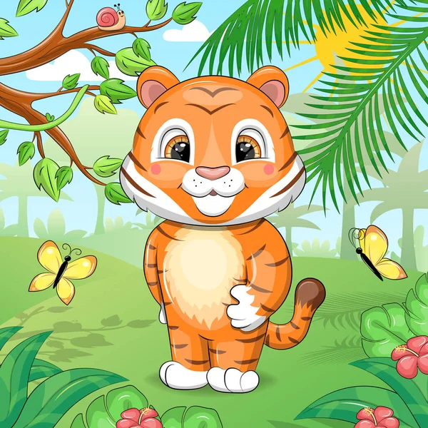 Tigre Desenho Animado Bonito Natureza Ilustração Vetorial Animal Uma Floresta — Vetor de Stock