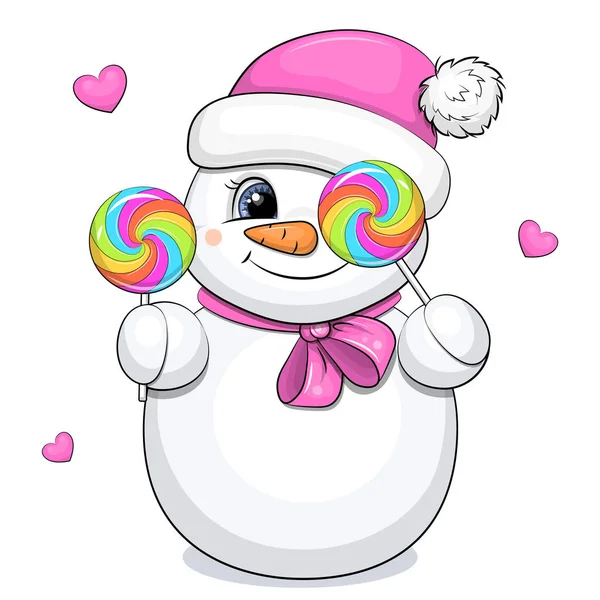 一个戴着粉色帽子的可爱的卡通雪人手里拿着两个棒棒糖 粉红心白色背景上的矢量图解 — 图库矢量图片