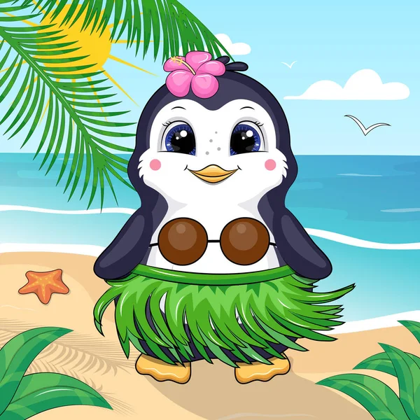Cute Cartoon Hawaiian Penguin Beach Summer Vector Illustration Animal Nature — Stock Vector