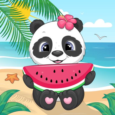 Sahilde karpuzlu şirin bir panda. Deniz, palmiye ve güneş ile doğadaki bir hayvanın yaz vektör çizimi.