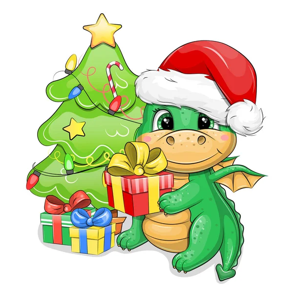 stock vector A cute cartoon green dragon in a Santa hat holds a red gift and sits next to the Christmas tree. New year animal vector illustration  on white background.