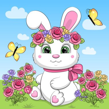 A cute cartoon white rabbit with a flower wreath sits in a rose garden. Spring vector illustration of an animal in nature with flowers and butterflies. clipart