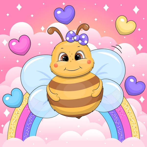 Мила Мультяшна Бджола Небі Веселкою Серцями Векторна Ілюстрація Тварини Рожевому — стоковий вектор