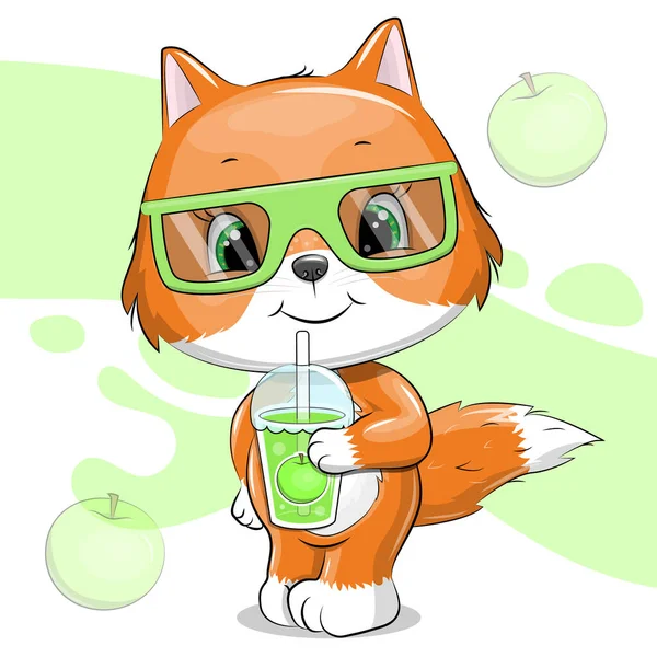 可爱的卡通红狐狸与眼镜和苹果汁 绿色背景上的动物的矢量图解 — 图库矢量图片