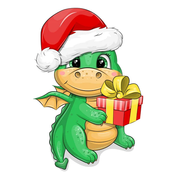 Noel Baba şapkalı şirin yeşil ejderha bir Noel hediyesi tutuyor. Beyaz arkaplanda yeni yıl hayvan vektör çizimi.