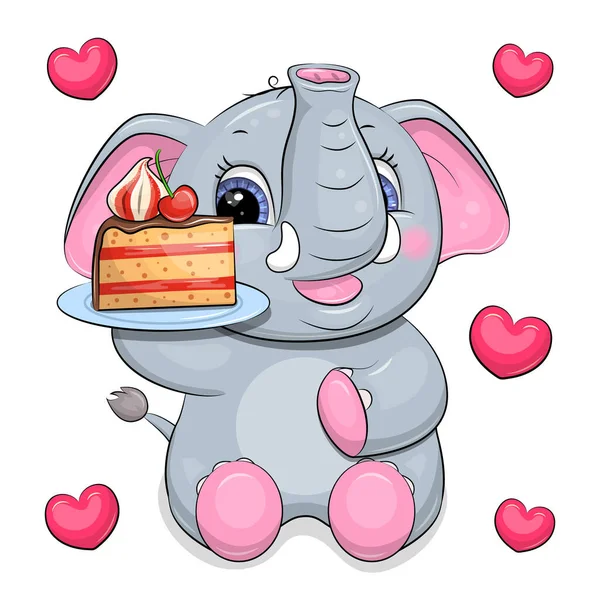 Netter Cartoon Elefant Mit Einem Stück Kuchen Vektorillustration Eines Tieres — Stockvektor
