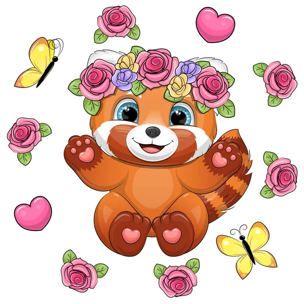 Desenhos Animados Bonito Panda Vermelho Com Uma Coroa Flores Cercado — Vetor de Stock