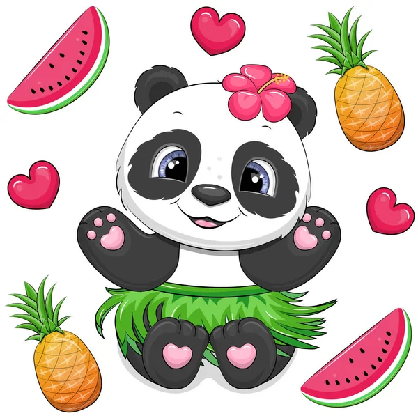 Słodka Kreskówka Hawajska Panda Owocami Sercem Letni Wektor Zwierząt Ilustracja — Wektor stockowy