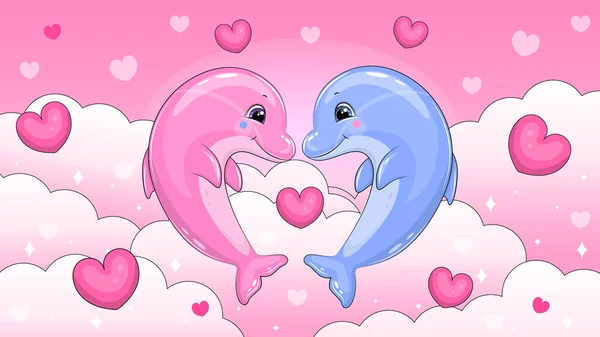 可爱的卡通一对蓝色和粉红色的海豚 红心云彩背景下的海洋动物的矢量图解 — 图库矢量图片