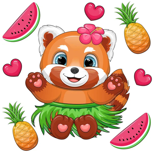 Desenhos Animados Bonitos Panda Vermelho Havaiano Com Frutas Tropicais Ilustração —  Vetores de Stock