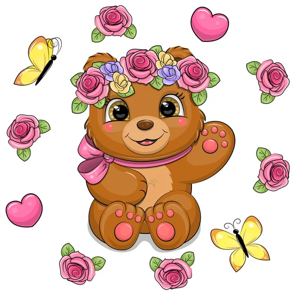 Ein Niedlicher Zeichentrickbär Mit Einem Blumenkranz Und Einer Rosafarbenen Schleife — Stockvektor