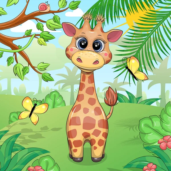 森林里可爱的卡通长颈鹿 花和树叶描绘自然界中的动物 — 图库矢量图片