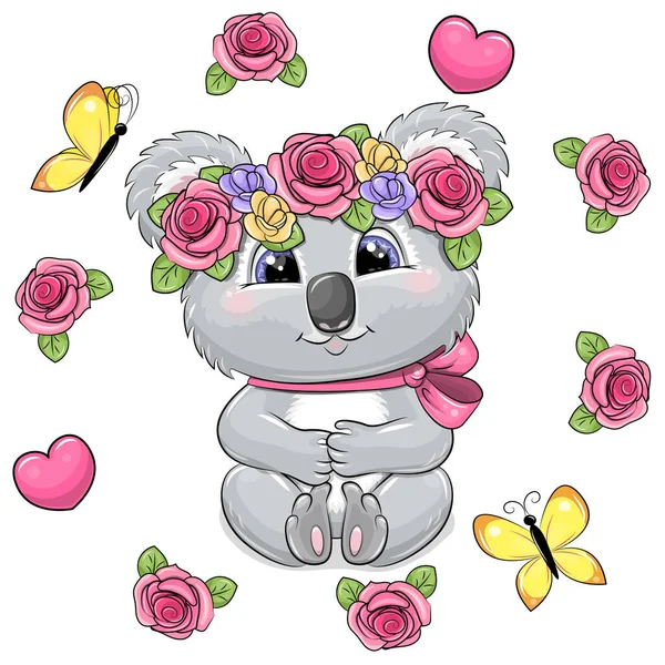 Rámu Růží Sedí Roztomilá Kreslená Koala Květinovým Věncem Lukem Kolem — Stockový vektor