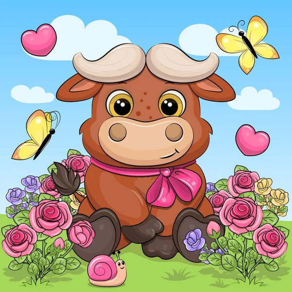 Cute Cartoon Buffalo Pink Bow Sits Rose Garden Vector Illustration — Stock Vector