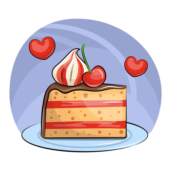 可爱的卡通片樱桃蛋糕与巧克力顶部 蓝色背景 两颗红心的餐盘上甜点的向量图 — 图库矢量图片