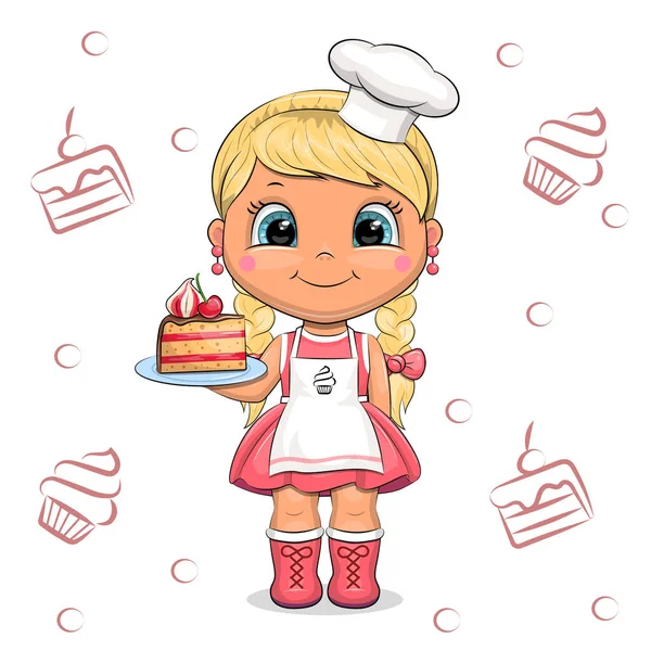 可爱的卡通厨师女厨师戴着厨师帽 围裙拿着一块蛋糕 白色背景的妇女带着蛋糕和纸杯蛋糕的病媒图片 — 图库矢量图片