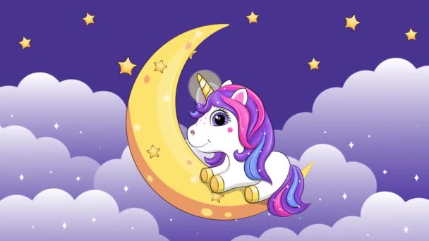 Słodki Jednorożec Kreskówki Błyszczący Róg Leży Księżycu Animacja Pętli Nocnej — Wideo stockowe