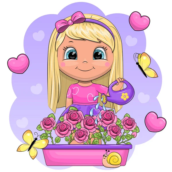 Cute Cartoon Girl Watering Flowers Vector Illustration Girl Watering Can — Stock Vector