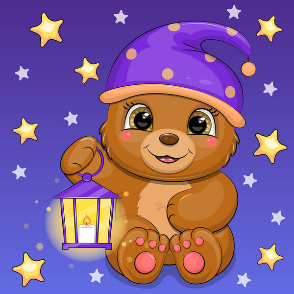 Милый мультяшный бурый медведь в колпаке держит фонарь. Ночной векторный рисунок животного на темно-синем фоне с желтыми и белыми звёздами.